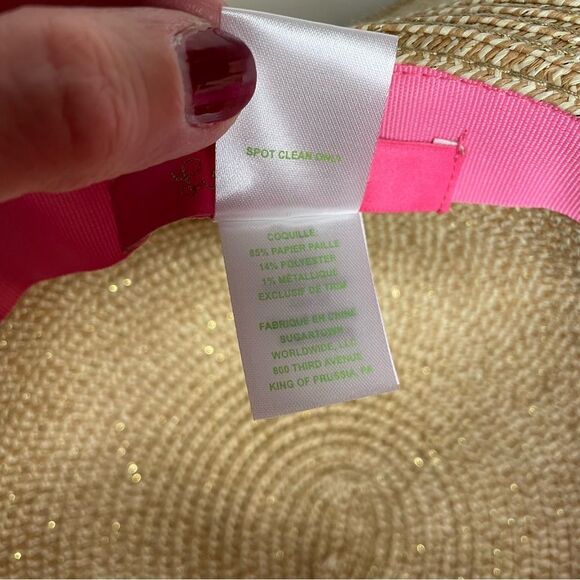 Lilly Pulitzer Sun Hat Wide Brim Floral Coquette Preppy Metallic Tan Pink Green - Picture 9 of 12
